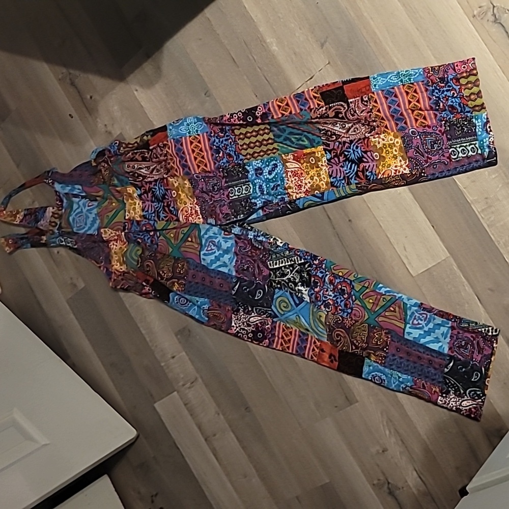 SACRED THREADS Free Spirit Hippie Patchwork Overalls Size L/XL W/pockets - Picture 3 of 8